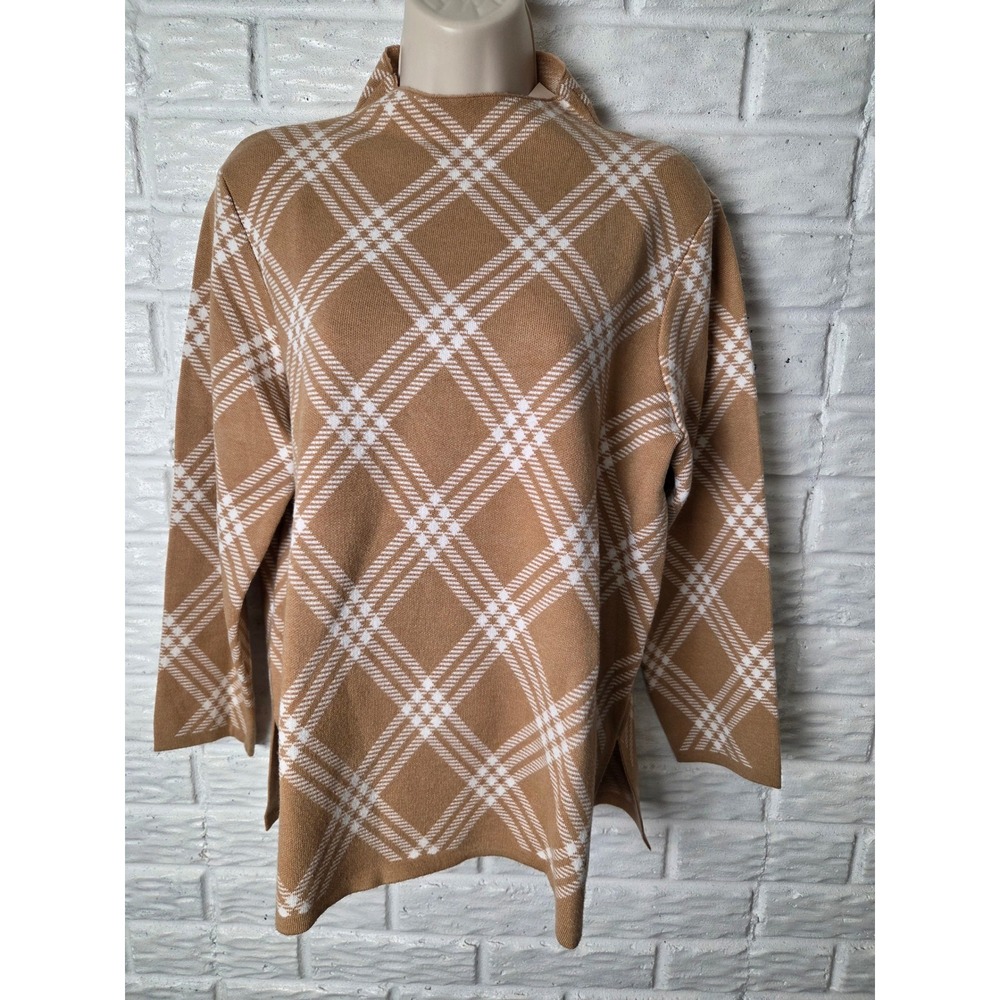 Anne Klein sweater Mock neck Women's Medium NWT Tan & White long sleeve